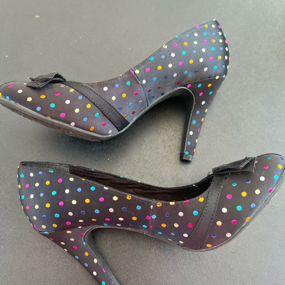 Black multi color dot heels size 8